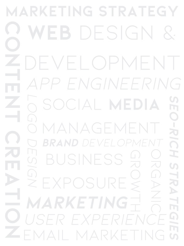 A word collage related to marketing, branding, design, SEO content, and more representing the Obsidian Atlas services.