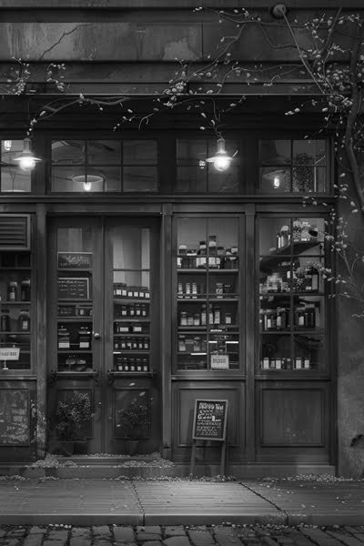 A store front image in black and white.