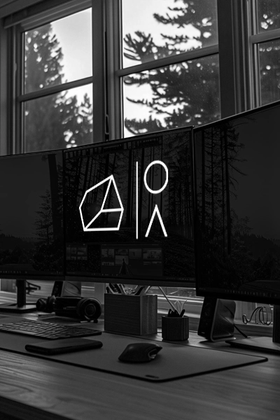 A desktop with multiple monitors showing website design services by Obsidian Atlas.