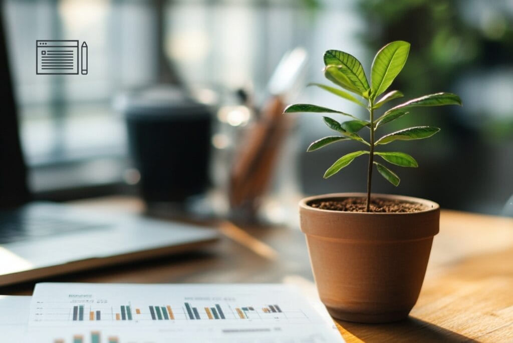 A desk with marketing documents next to a green potted plant representing organic growth.