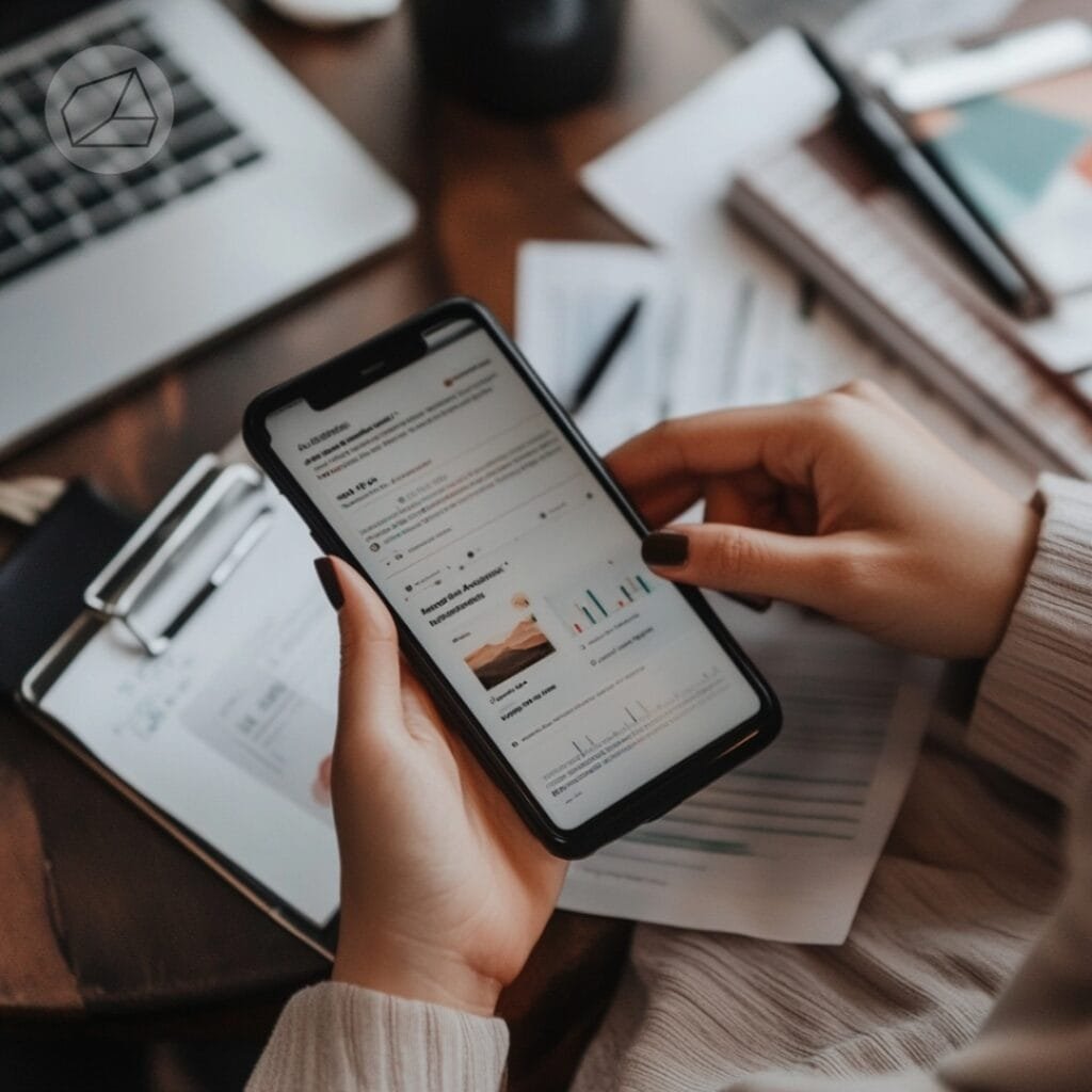 Someone checking website content on their phone surrounded by marketing materials.