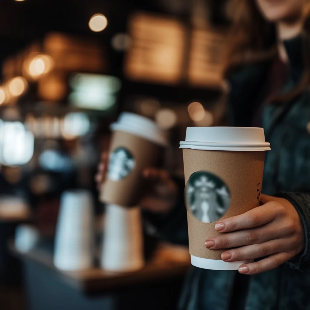 A person holding a cup of coffee with blurred logo that represents a known brand.