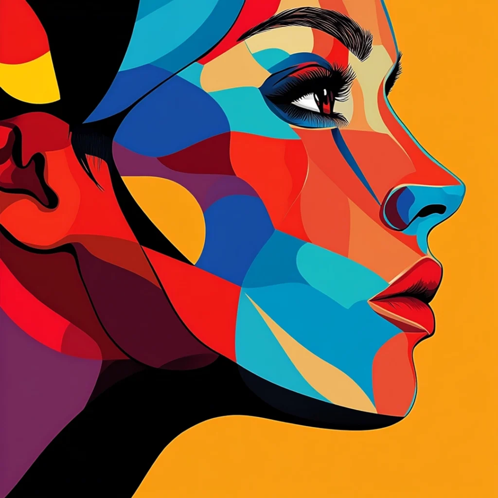 A graphic design piece showing the face of a woman covered in different colors.