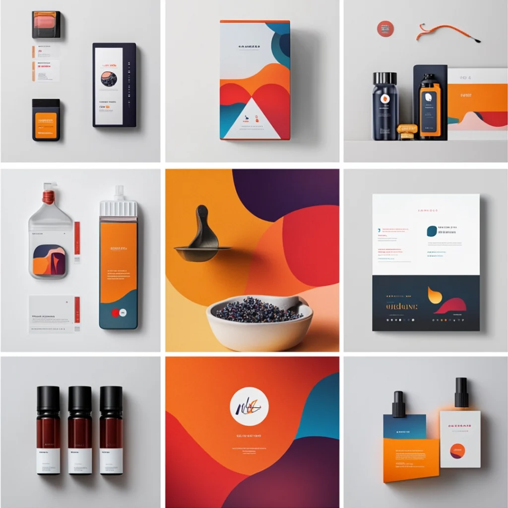 A collage showcasing a cohesive branding across platforms and products.