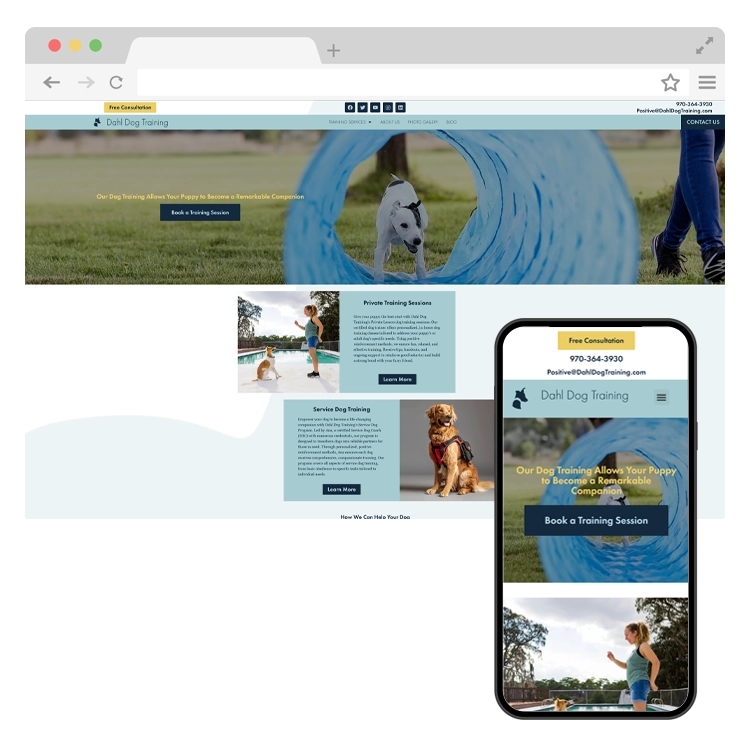 A desktop and mobile display showing the Dahl Dog Training's website design done by Obsidian Atlas.