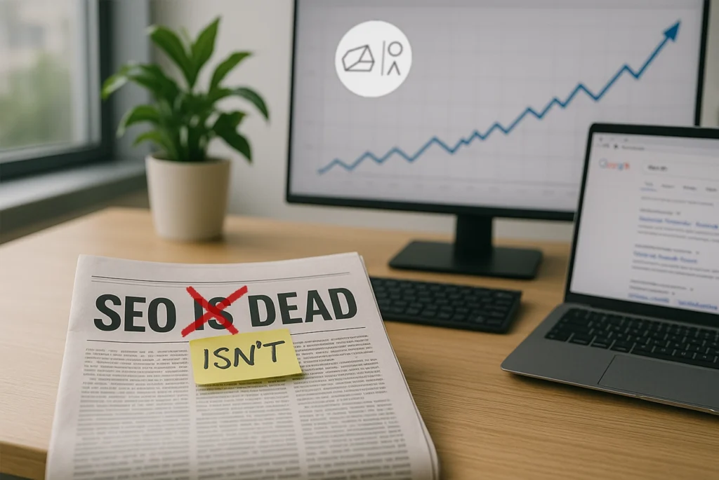 An office desk showing a newspaper with the headline "SEO IS DEAD" with the "IS" crossed out in red.