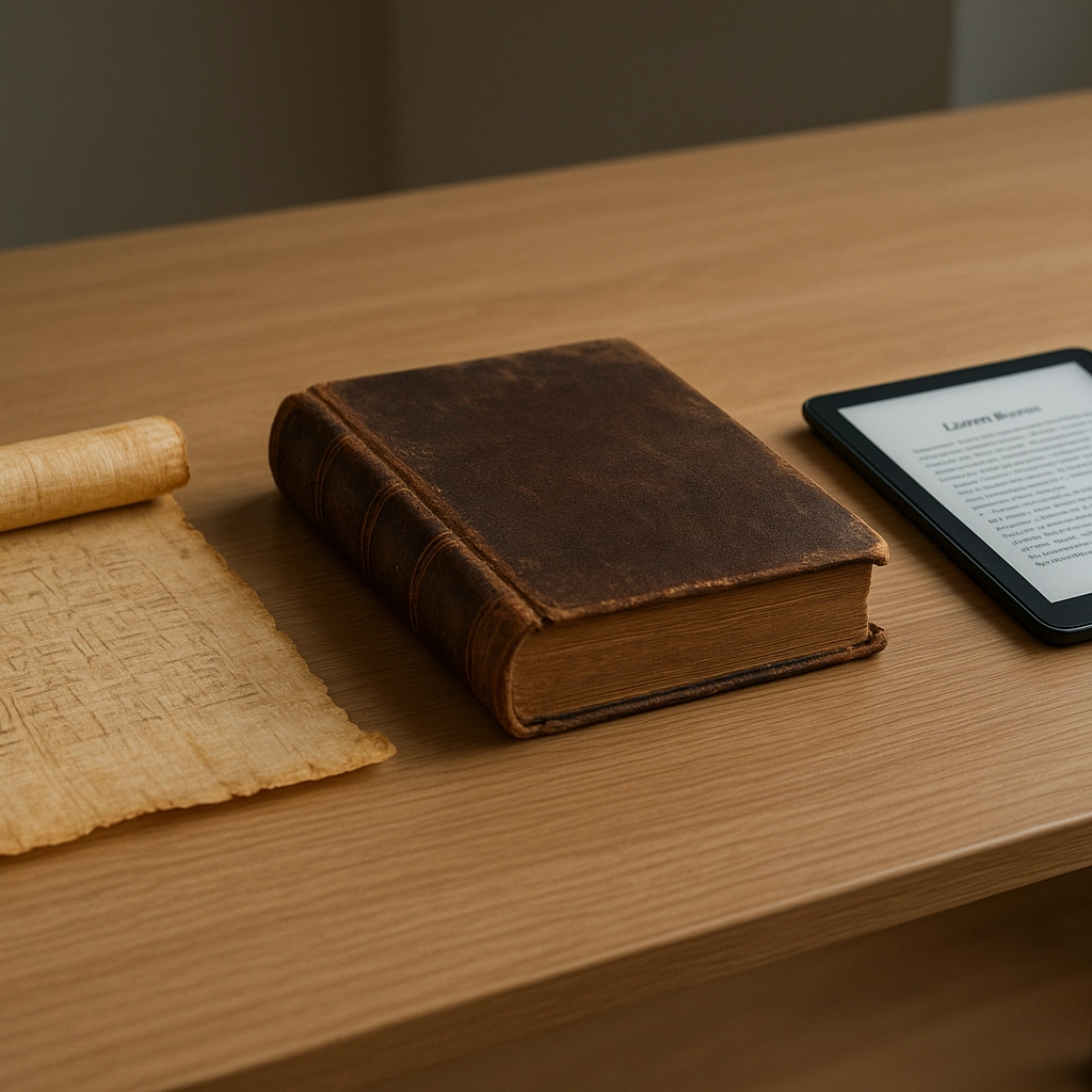 A wooden office table with a papyrus, and old book, and an e-reader.